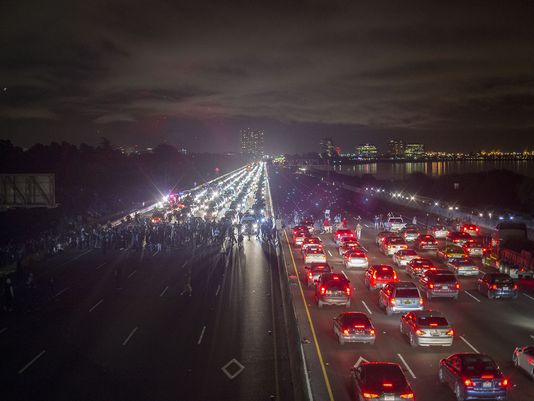 Interstate 80 freeway blocked in both directions by thousands of protesters on Monday, December 8 in Berkeley.